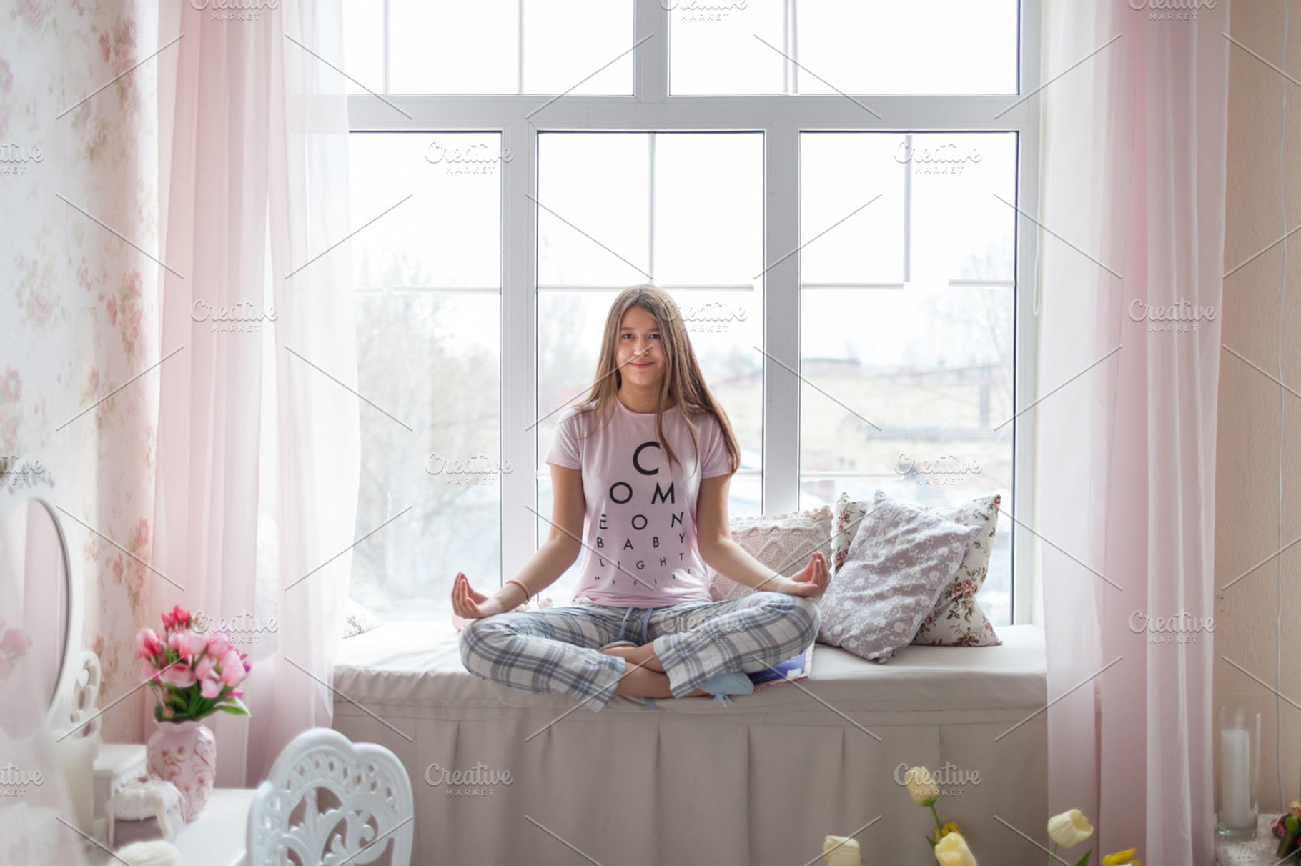Girl in pajama meditating featuring barefoot, soft, and shirt, a Person Photo by AlinLyre