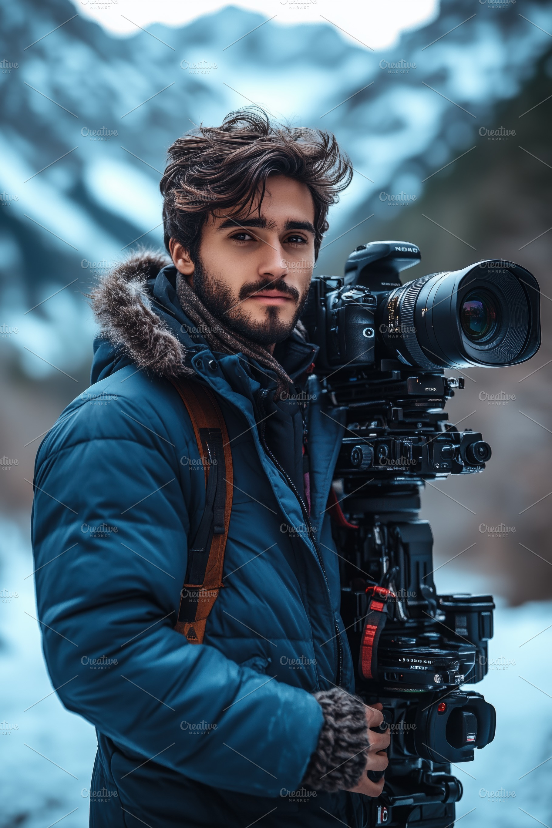 A young man online course producer with tousled hair stands in a snowy landscap, a Person Photo by Textures & Backgrounds