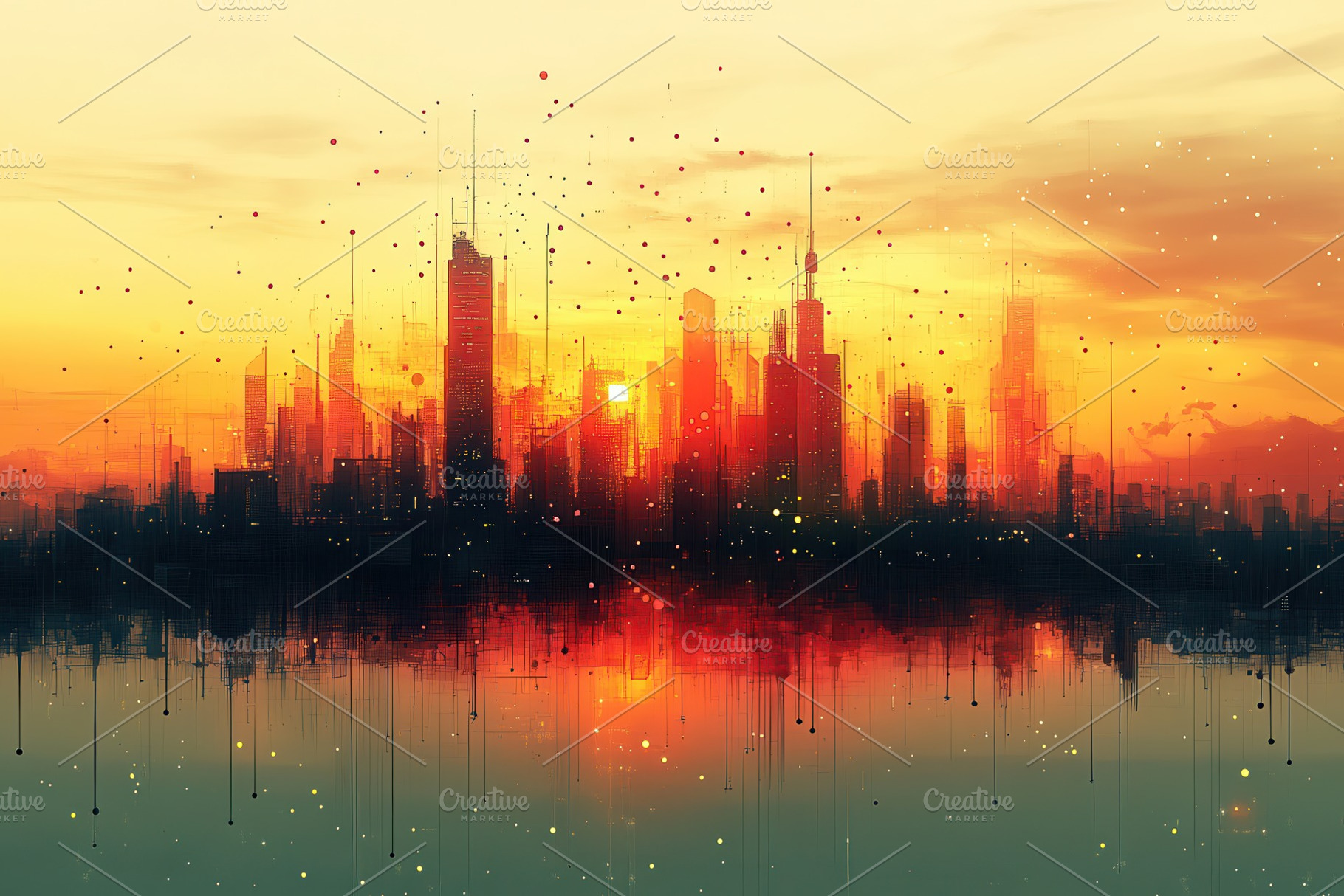 Vibrant sunset over a futuristic cit, a Photo by Tanuart