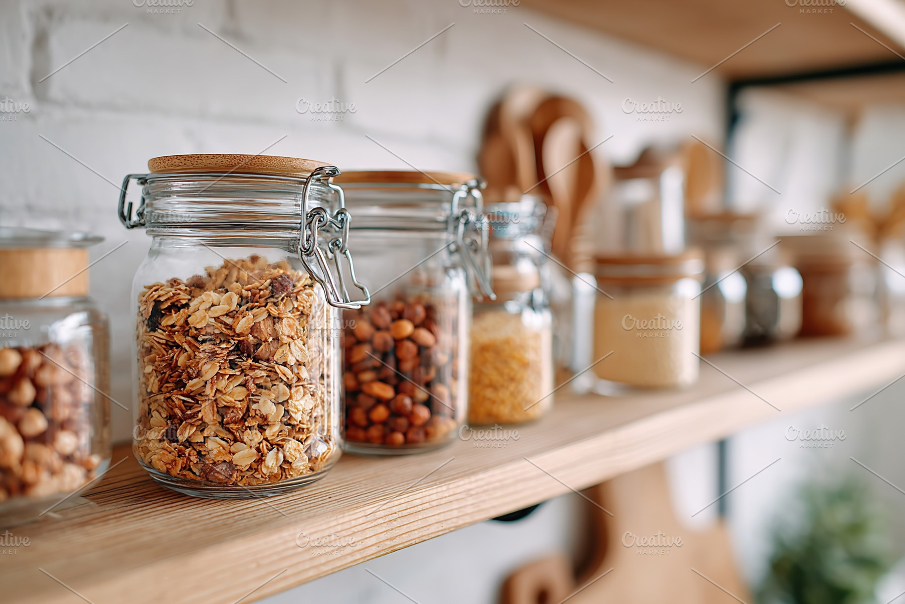Homemade granola in a glass jar on a wooden shelf with kitchen ingredients, a Food & Drink Photo by AlyaAnd