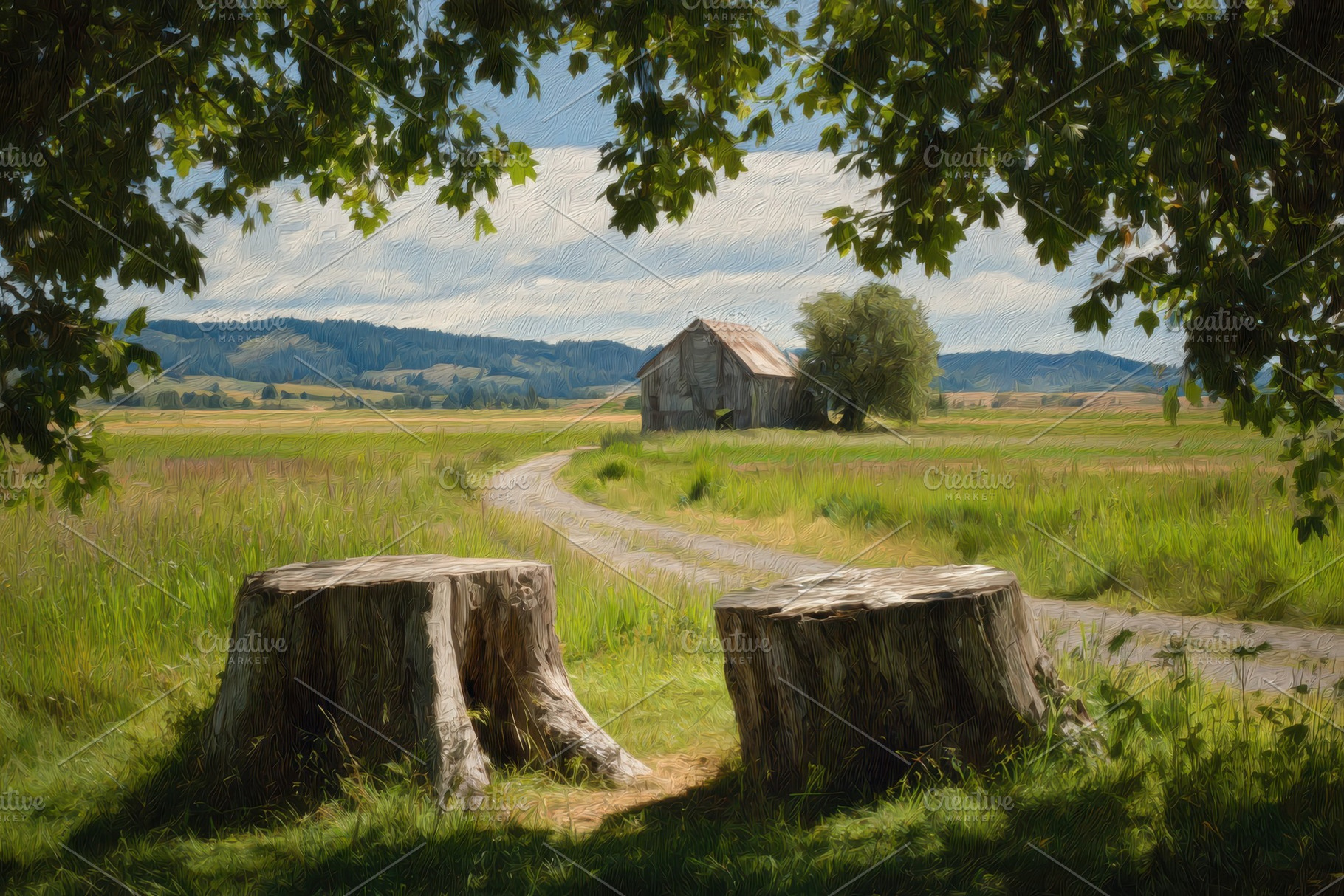 Rustic barn tree stumps and country, a Photo by Pixeness Studio