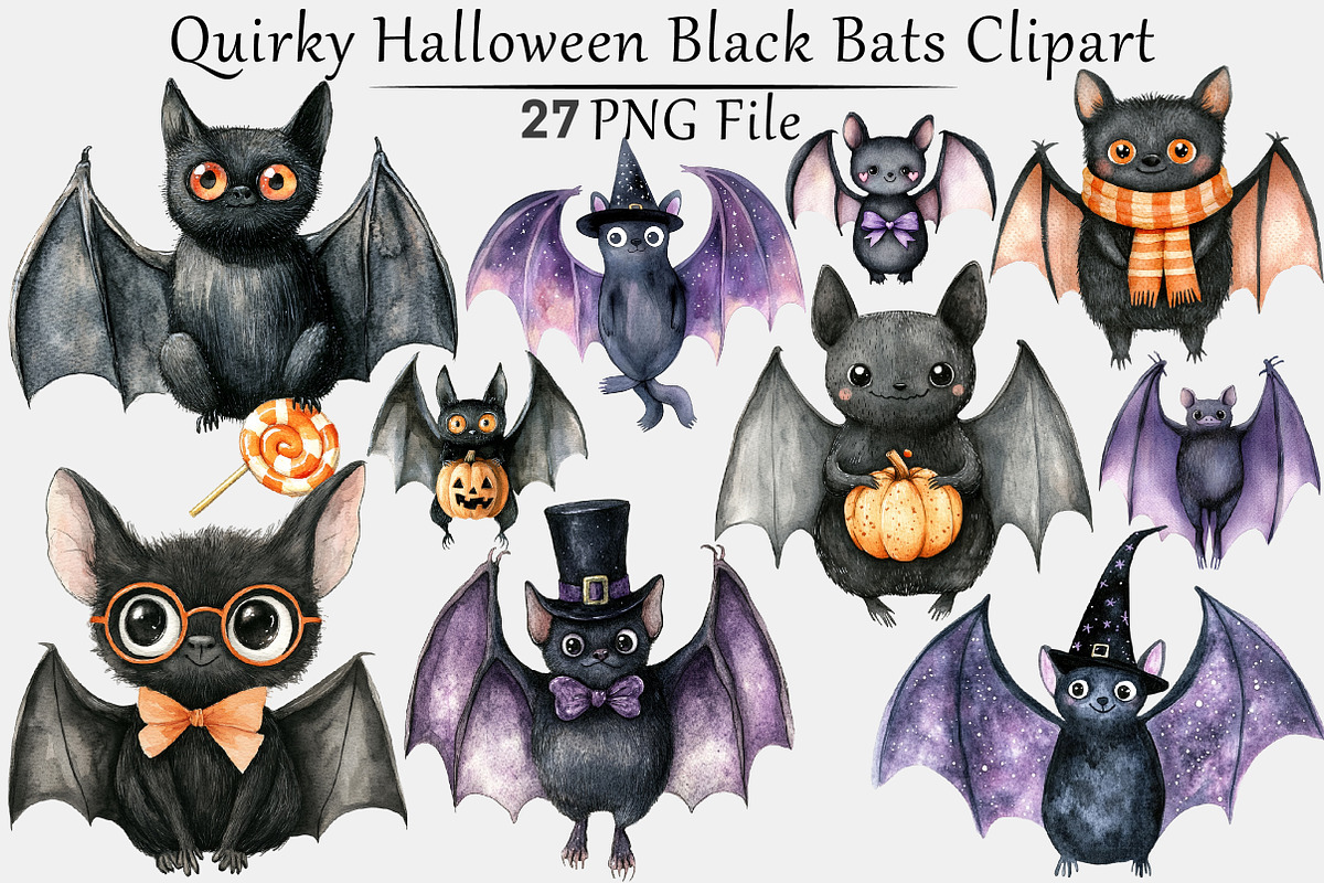Quirky Halloween Black Bats Clipart, a Seasonal Illustration by CitraGraphics (Photo 1 of 7)