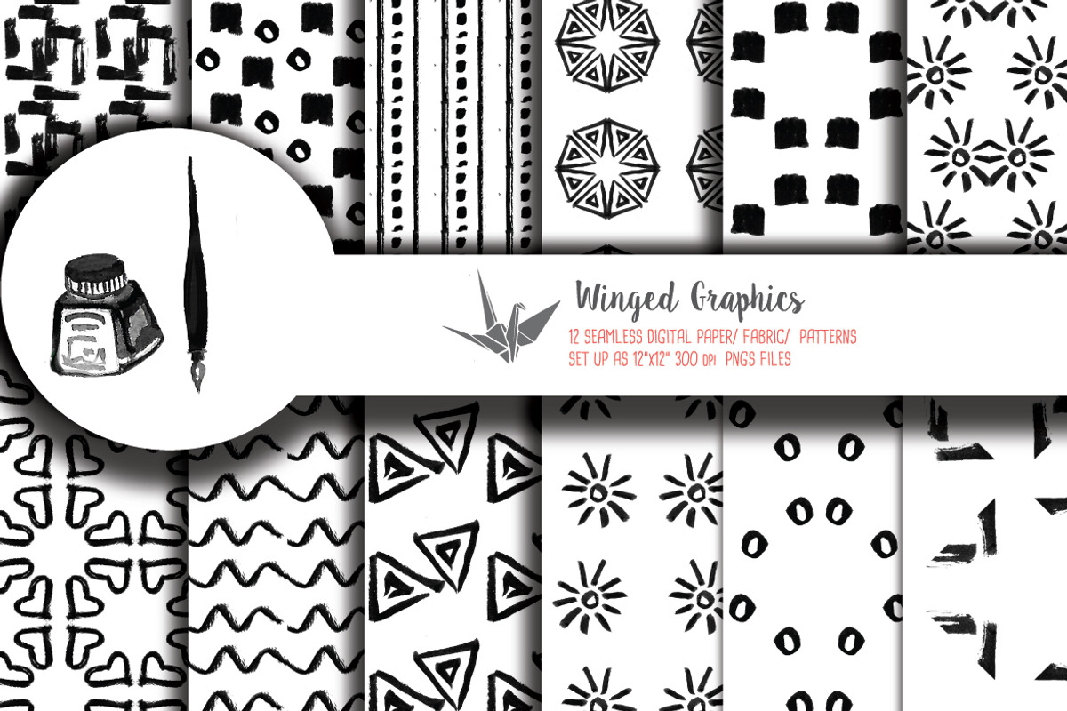 12 Seamless hand drawn ink patterns, a Pattern Graphic by Winged Graphics