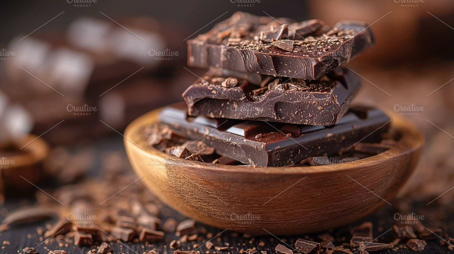 A rustic wooden bowl filled with rich dark chocolate pieces and, a Food & Drink Photo by ImageMir