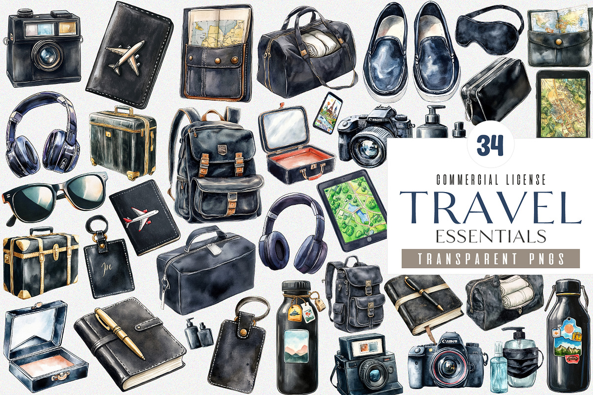 Black Travel Essentials PNG, an Illustration by SinaCreation (Photo 1 of 4)