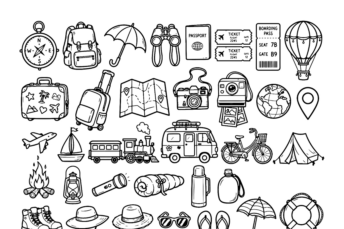 Set of travel outline doodle signs, a Transportation Illustration by Voodz_shop (Photo 3 of 3)