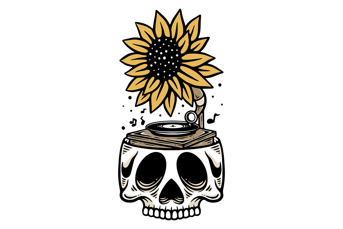 Sunflower Gramophone Skull Vector, an Object Illustration by Decoconio Design (Photo 3 of 3)