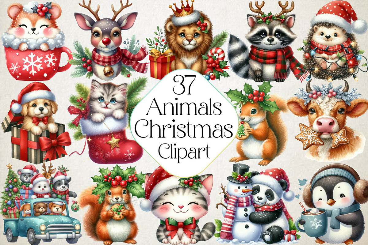 Christmas Cute Animals Clipart PNG, an Illustration by DreamPrint404 (Photo 1 of 5)