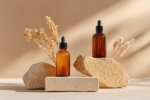 Skincare bottles elegantly displayed on a stone platform with dried flowers in, a Health & Medical Photo by AlyaAnd