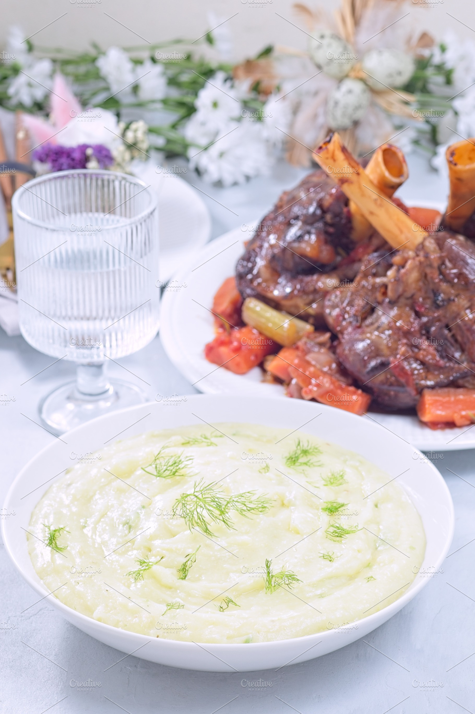 Puree or mashed potatoes with horseradish and fennel, braised lamb shanks in ba, a Food & Drink Photo by iuliia_n