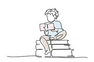 Boy sitting cross-legged on stack of, a Person Illustration by Valenty