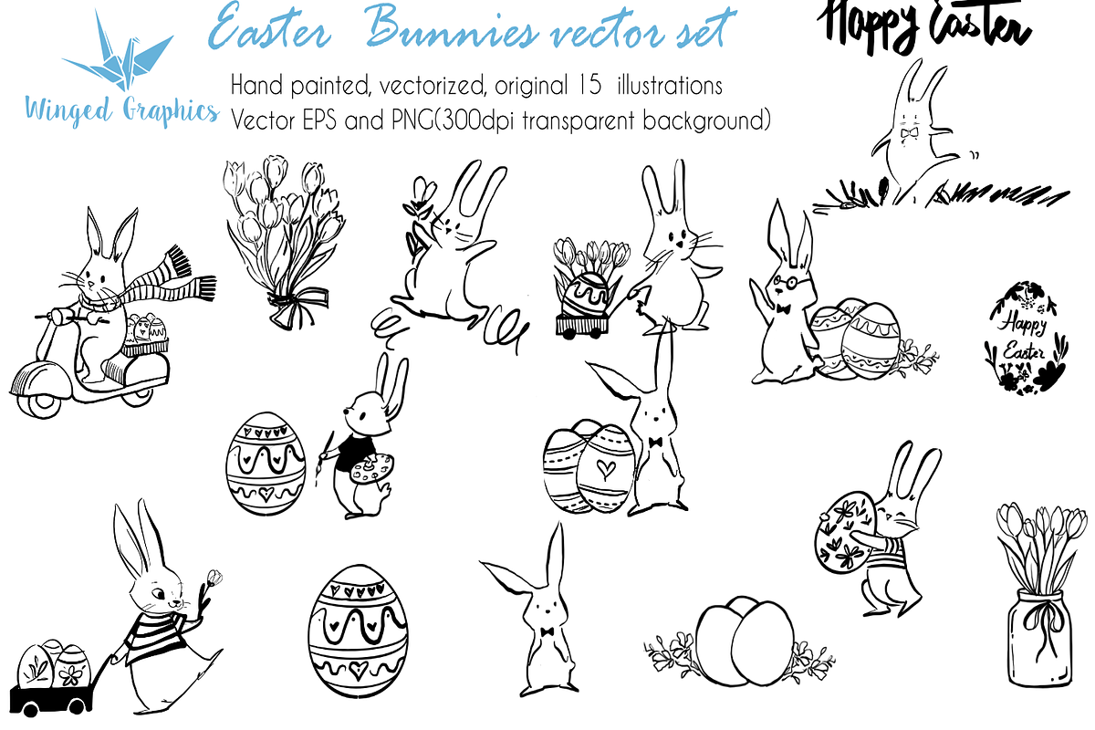 Easter bunnies : vector ink drawings, an Animal Illustration by Winged Graphics (Photo 3 of 4)