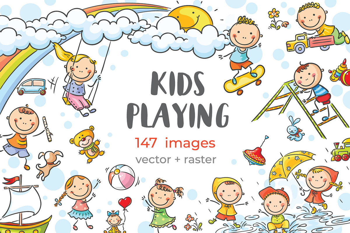 Doodle cartoon kids playing set, an Illustration by Bubert Art (Photo 1 of 5)