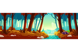 Autumn forest landscape with river, an Illustration by art PVP - market
