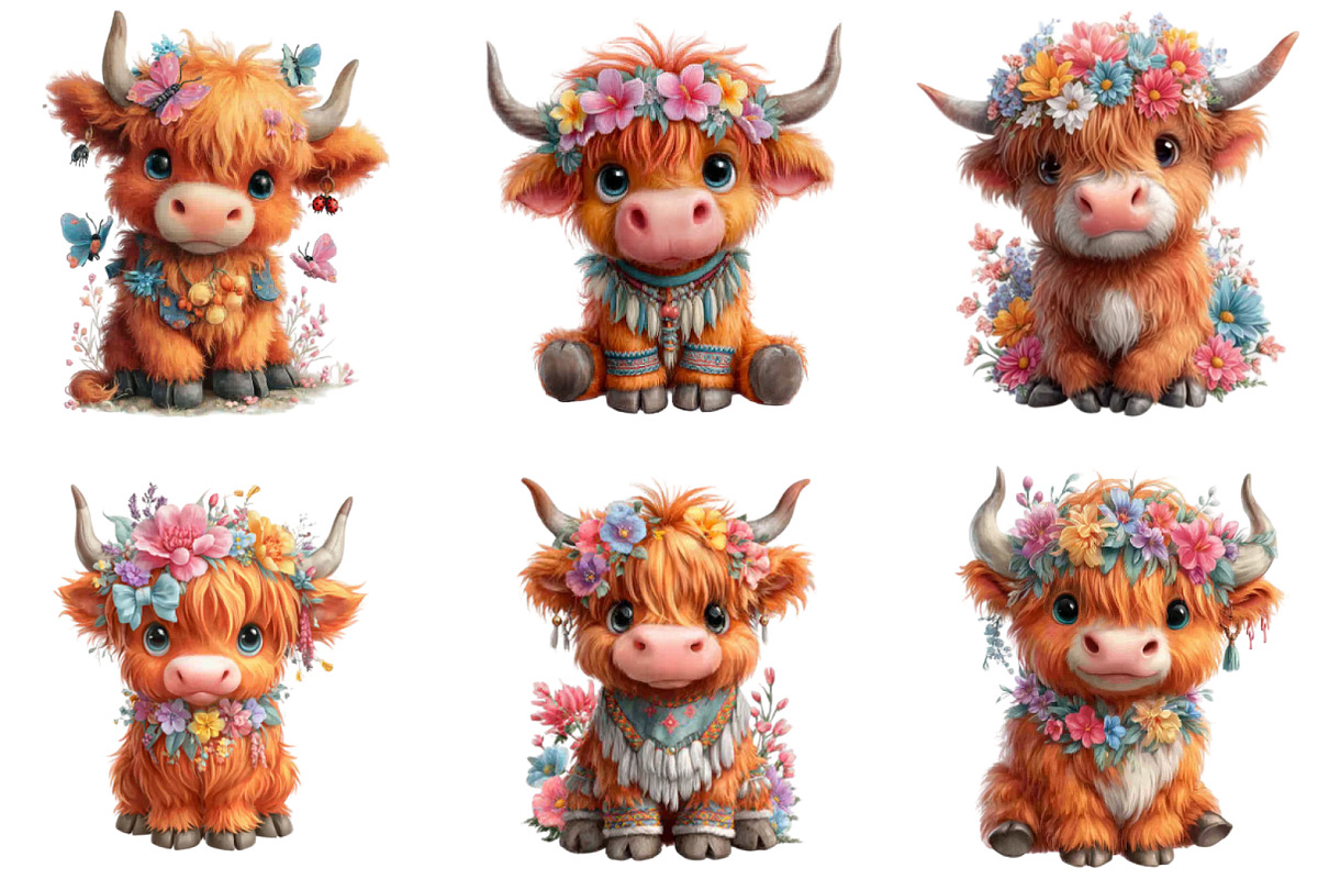 Watercolor Spring Highland Cow Clipa, an Illustration by CraftArtStudio (Photo 4 of 6)