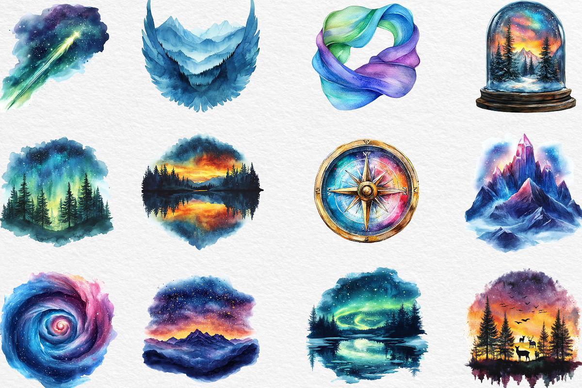 Watercolor Northern Lights Clipart, an Illustration by Black Bird Studio (Photo 6 of 6)
