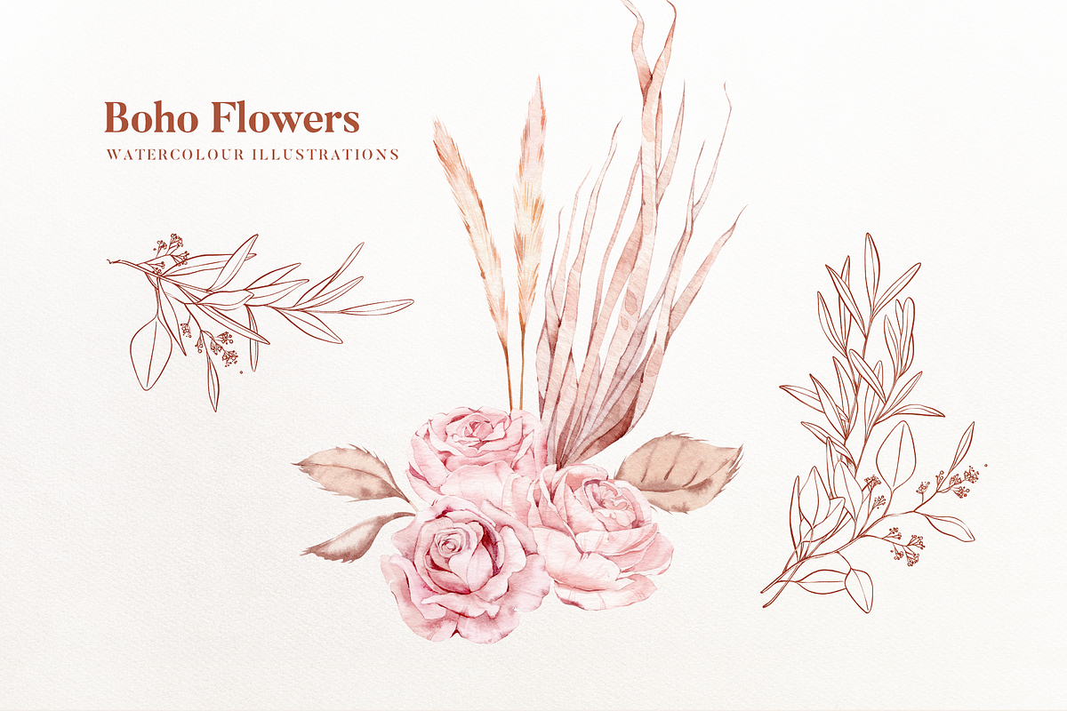 Boho Flowers Watercolour Collection, a Texture Illustration by Aquarellina (Photo 3 of 15)