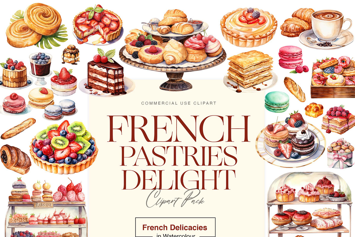 Watercolor French Pastry Clipart, an Illustration by BrushstrokeArtGB (Photo 1 of 9)
