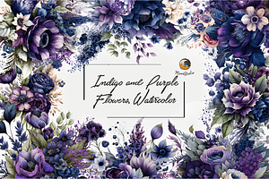 Indigo And Purple Flowers Watercolor