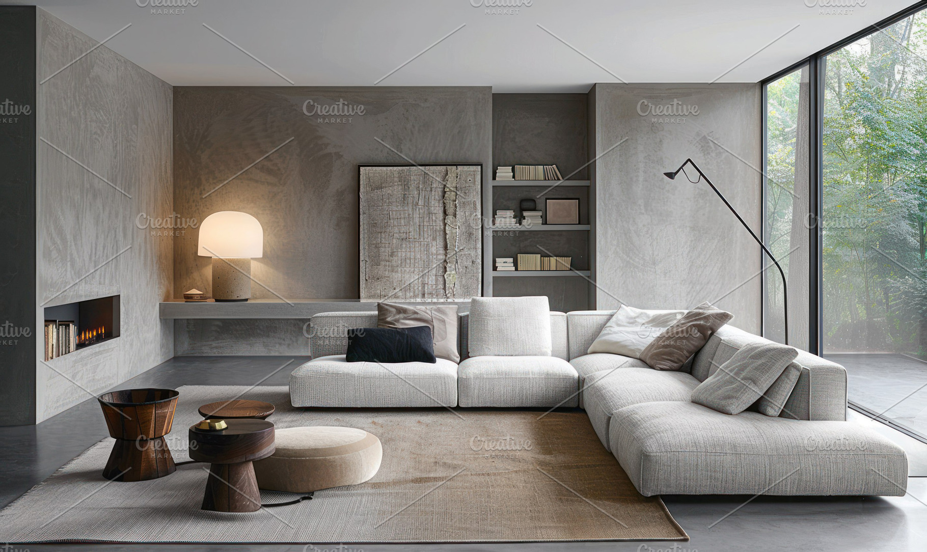 Sleek white living space with orange, a Photo by LOGOCREATIVE