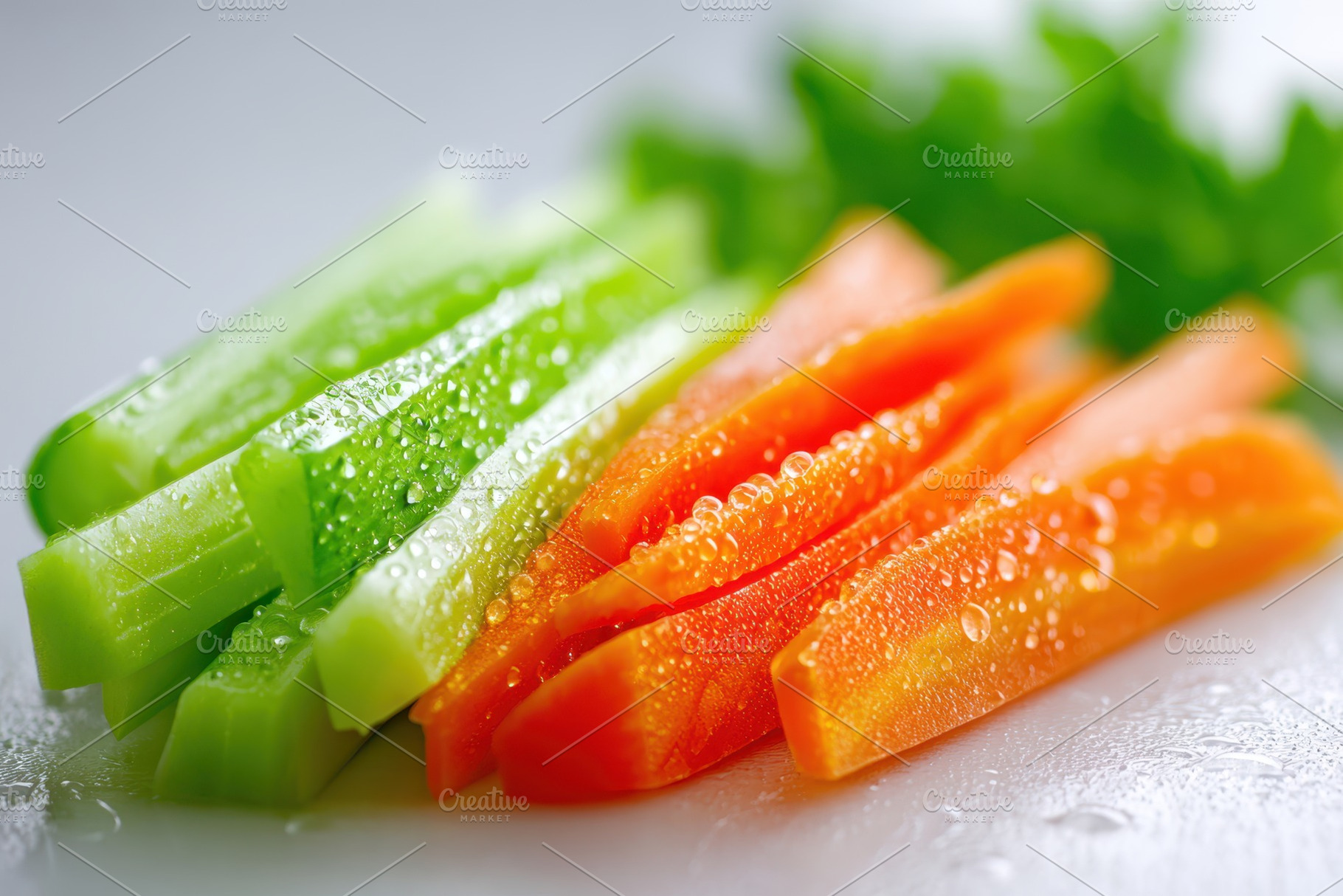 Fresh carrots and cucumber slices with water droplets, a Food & Drink Photo by AlyaAnd