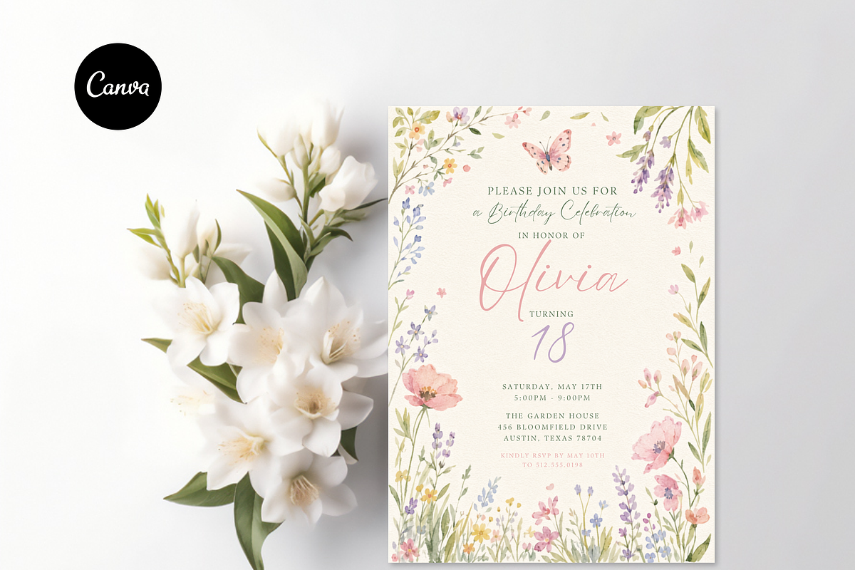 Wildflower Floral Birthday Invite, an Invitation Template by heynomi (Photo 19 of 19)
