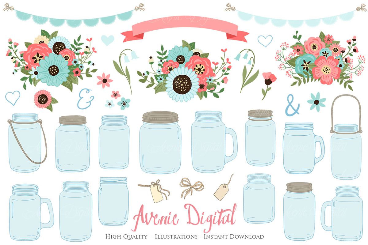 Coral and Turquoise Mason Jar, an Illustration by Avenie Digital (Photo 1 of 2)