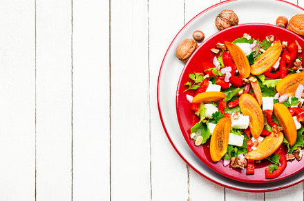 Salad with persimmon featuring salad, persimmon, and cheese, a Food & Drink Photo by MLunov MLunov