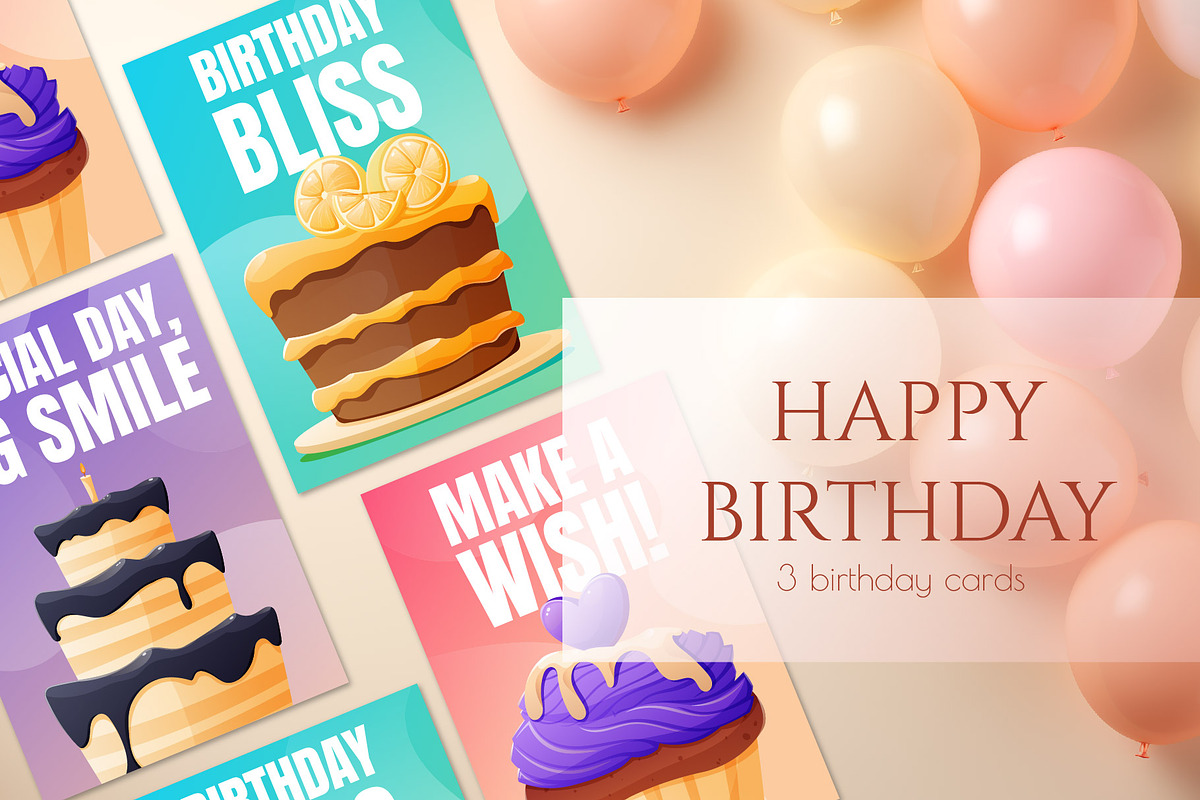 3 Vector Birthday Cards, an Object Graphic by EeKayStore (Photo 1 of 4)