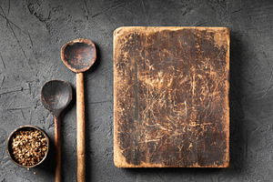 Rustic Wooden Cutting Board with Vintage Spoons and Spices, a Food & Drink Photo by Natalia Klenova's Shop