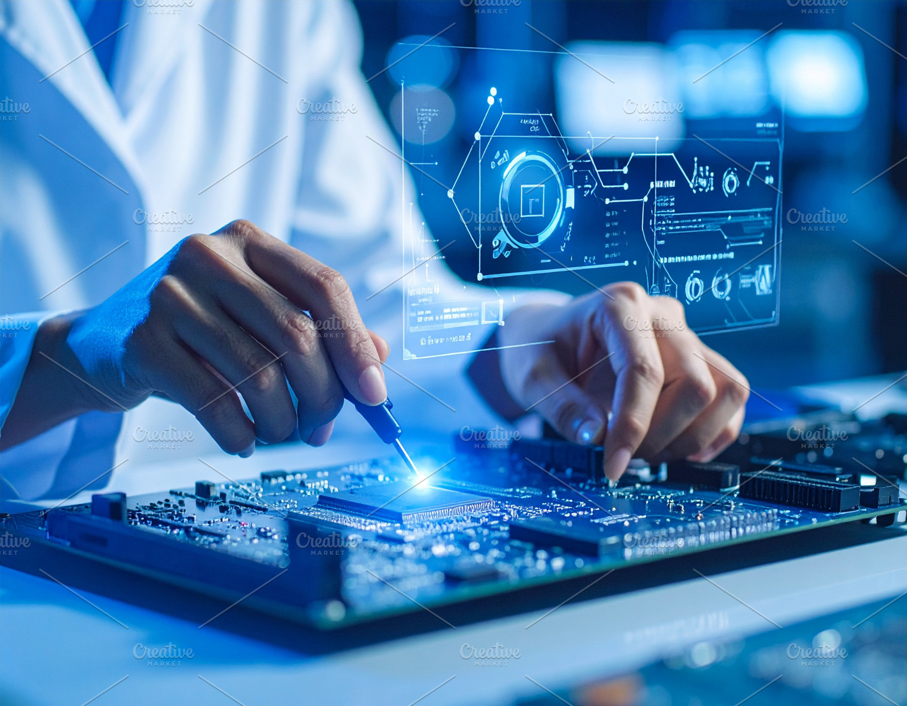 Engineers hands assembling a small circuit board while a hologra, a Technology Photo by DanFLCreativo
