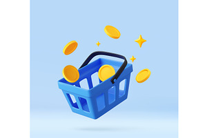 3D Shopping Basket with Coins and, a Finance Illustration by ModVector