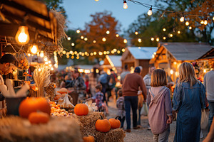 Autumn festival at night with glowing lights and pumpkin displays in a lively m, a Photo by AlyaAnd