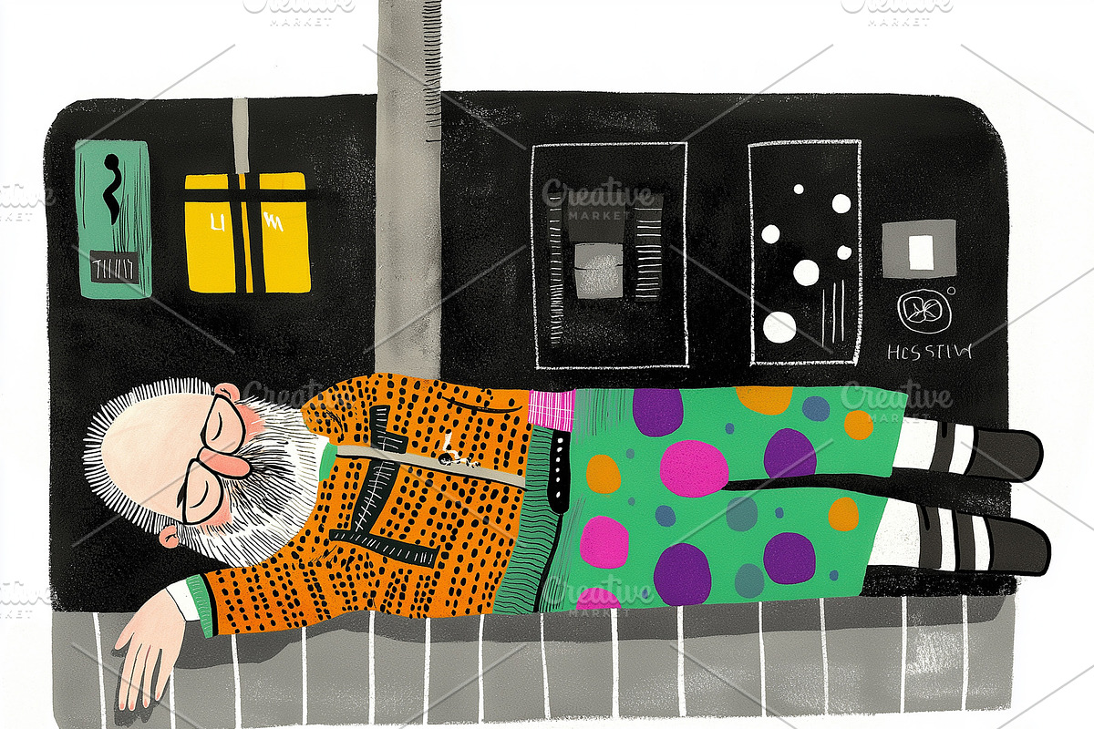 Old homeless man sleeping in metro, a Person Illustration by Sybillla