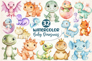 Dinosaurs Watercolor Clipart, an Illustration by Dream Creation