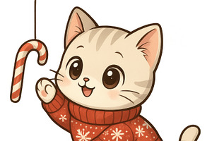 Cute anime cat holding candy cane in, an Illustration by Dvoevnore photos