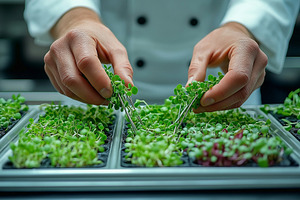 A chef's hands carefully harvest vibrant microgreens in a modern kitchen settin, a Person Photo by ImageMir