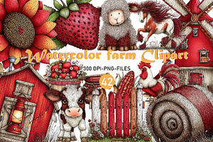 Watercolor Farm Clipart Bundle, a Seasonal Illustration by Designworld