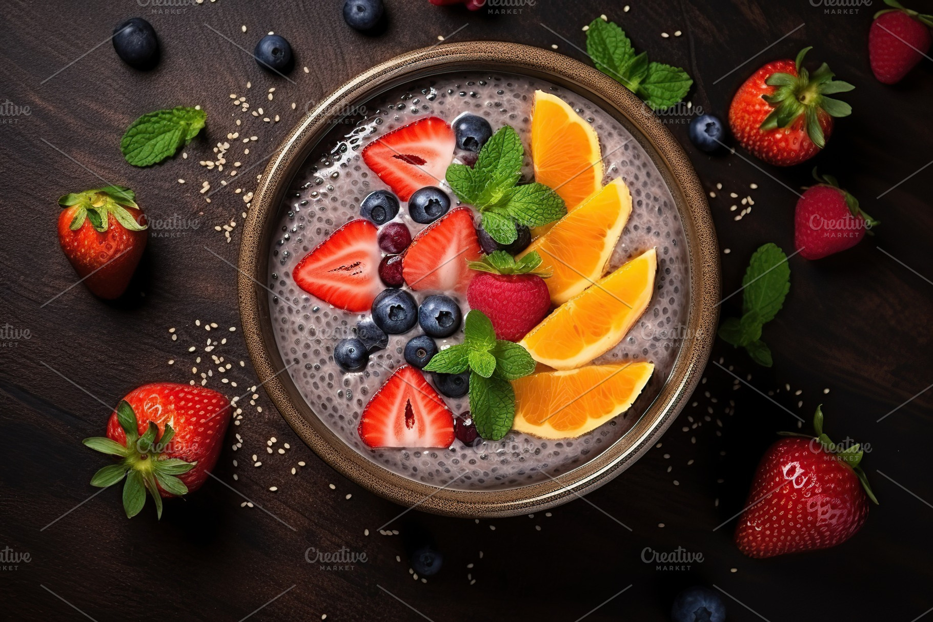 Chia pudding with berries and granola in bowl, a Food & Drink Photo by AlyaAnd