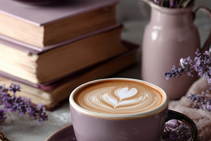 Lavender Latte Coffee Books Cozy Atm, a Photo by Pixeness Studio