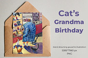 Cat's Grandma Birthday - gouache art, a Person Illustration by Mashamashastu (Thumbnail 1 of 2)