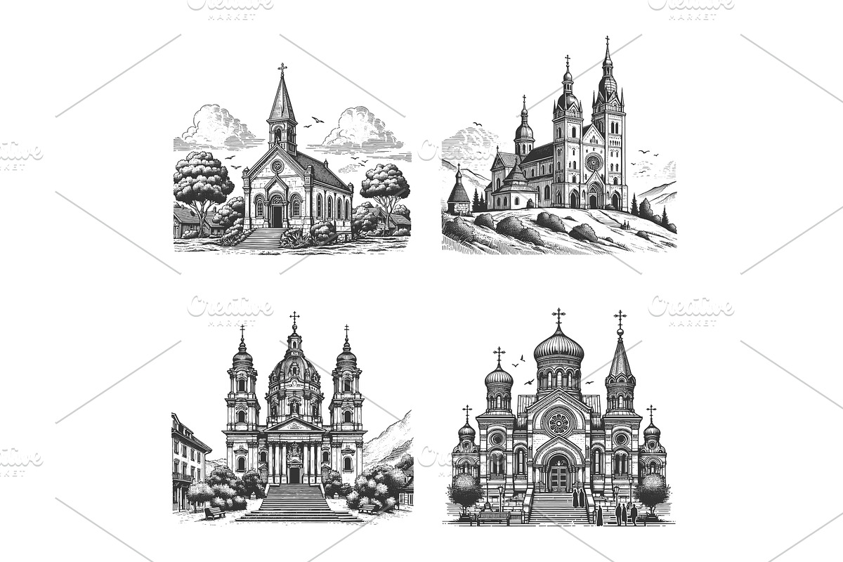 Historic Churches engraving set, an Illustration by AlexArt