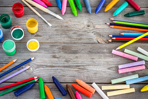 School supplies crayons pens chalks containing accessories, art, and