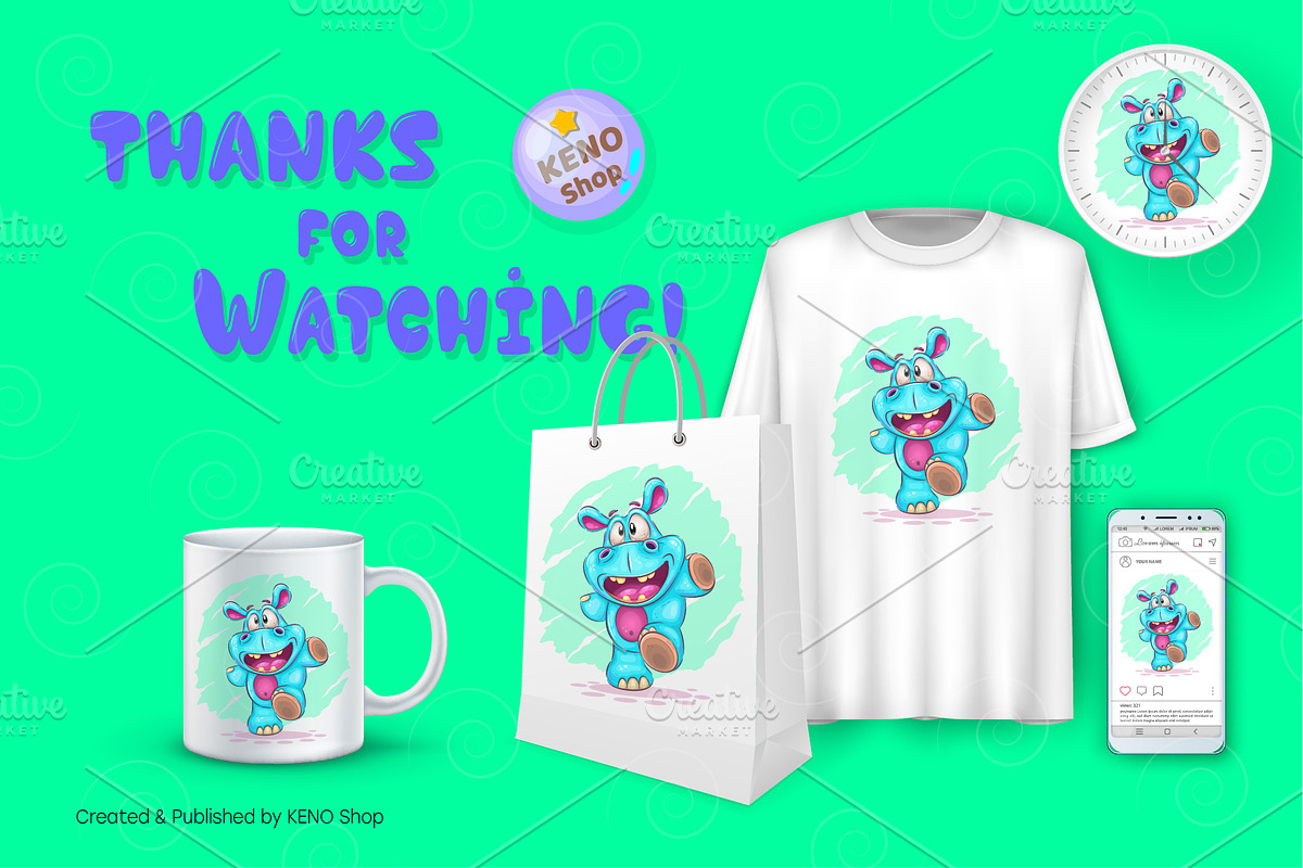 Cheerful cartoon hippo. Tshirt, PNG., an Animal Illustration by KENO Mascots (Photo 4 of 4)