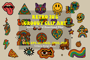 Retro 70s Groovy Clip Art Set