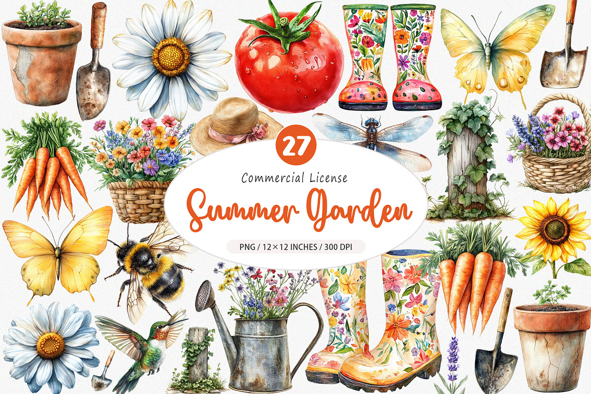 Summer Garden Watercolor Clipart, an Illustration by SinaCreation (Photo 1 of 5)