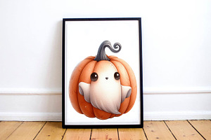 Watercolor Cute Pumpkin With Ghost