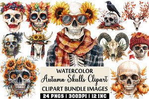 Autumn Skulls Clipart PNG Set, an Illustration by Craft Nest
