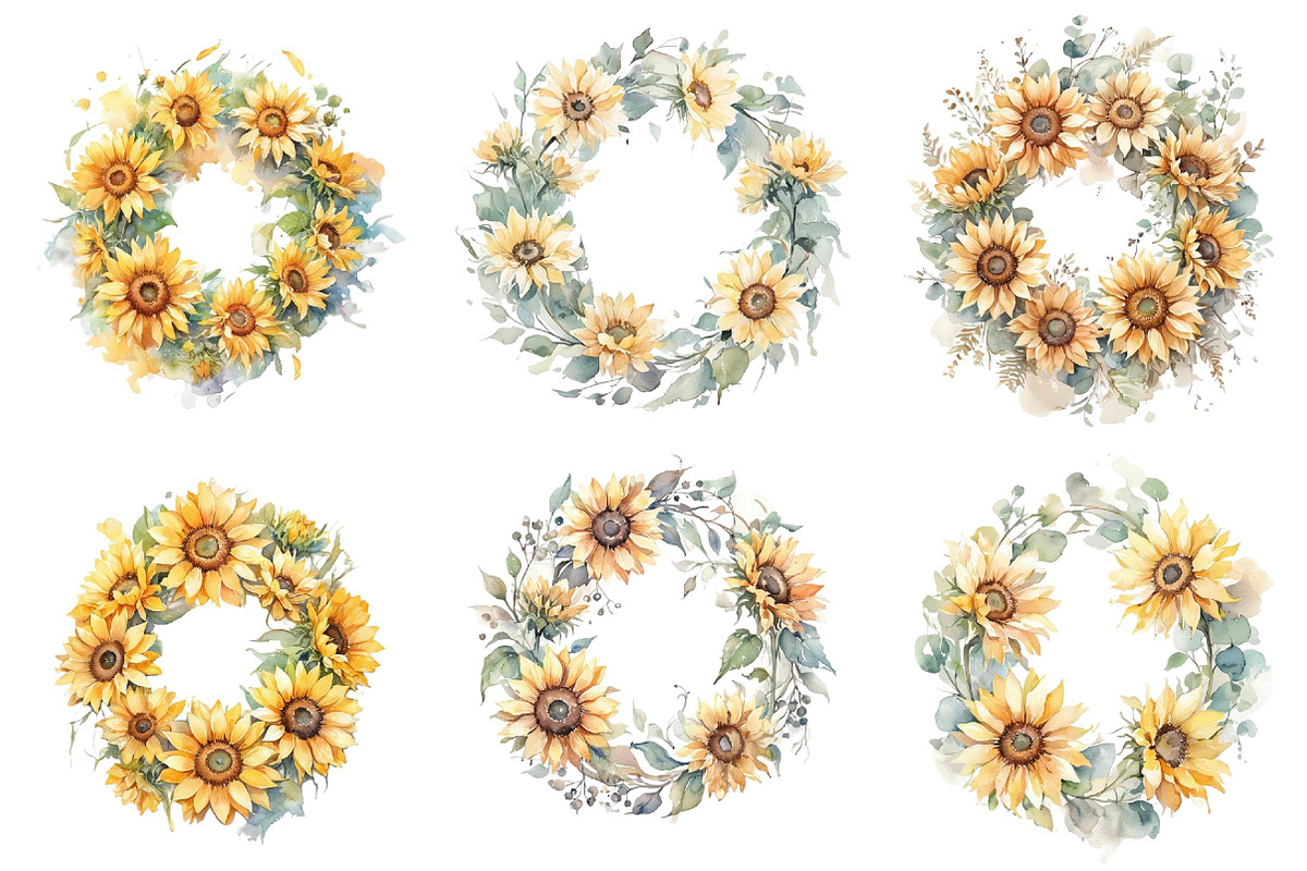 Watercolor Sunflower Wreath Clipart, an Illustration by DreamPrint404 (Photo 4 of 6)