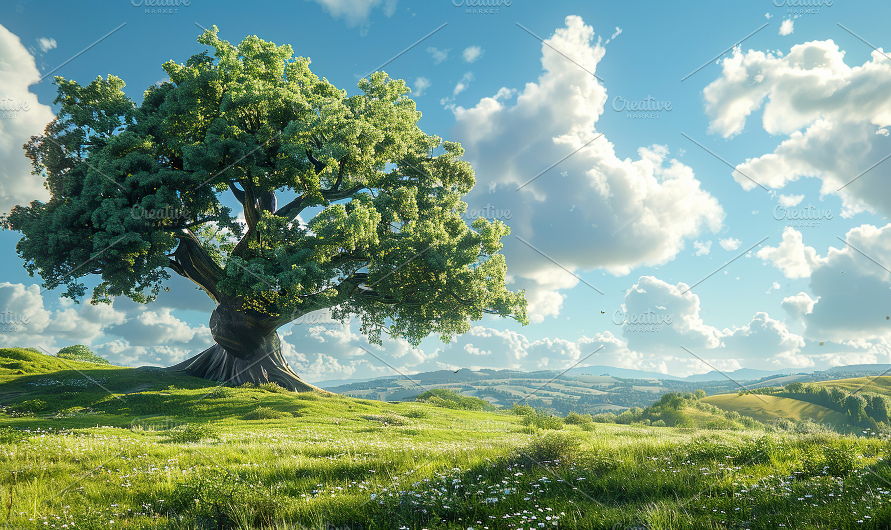 Lush green field under blue skies wi, a Photo by LOGOCREATIVE